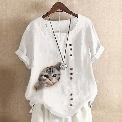 

Chemise Lin Chemise Chemisier Femme Blanche Chat 3D Bouton Imprimer Manche Courte Casual basique Col Rond Normal Standard Chat 3D S