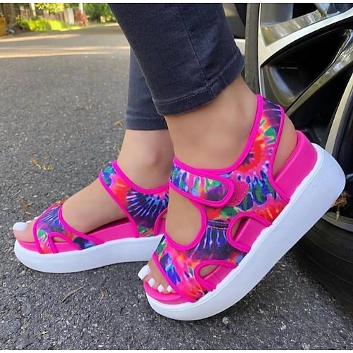 

Damen Sandalen Plateausandalen Outdoor Täglich Gehen Sommer Flacher Absatz Offene Spitze Klassisch Brautkleider schlicht Polyester Klettverschluß Farbblock Schwarz Weiß Regenbogen