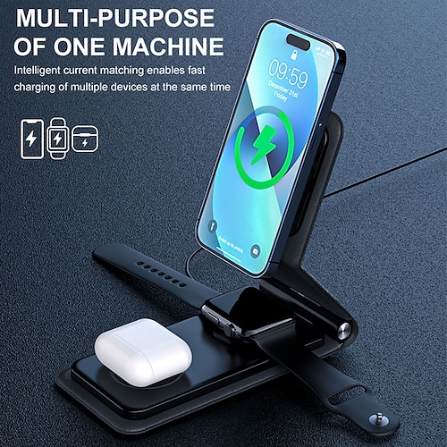 

Chargeur sans fil 3 en 1 station de charge magnétique pliable chargeur rapide sans fil compatible avec iphone 13/12/se/11/xs/8 samsung galaxy airpods pro apple watch