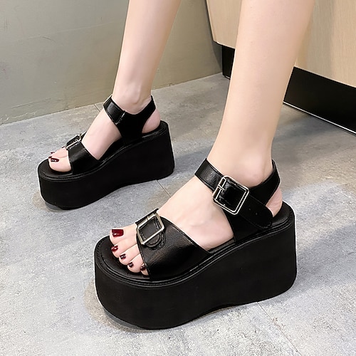 

Damen Sandalen Plateausandalen Flacher Absatz Offene Spitze Brautkleider schlicht PU Leder Knöchelriemen Schwarz