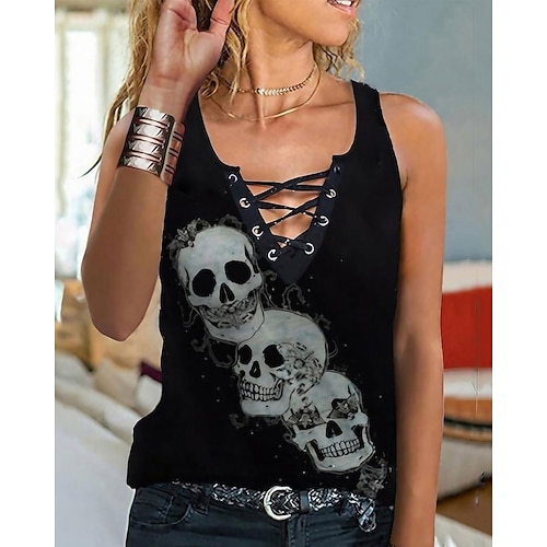 

Women's Tank Top Going Out Tops Light Blue Black Red Skull Lace up Print Sleeveless Casual Basic V Neck Regular S