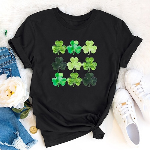 

T shirt Tee Femme Noir Blanche Bleu Feuille Fête de la St. Patrick Imprimer Manche Courte Vacances Fin de semaine Col Rond Normal Standard Fleur Peinture S