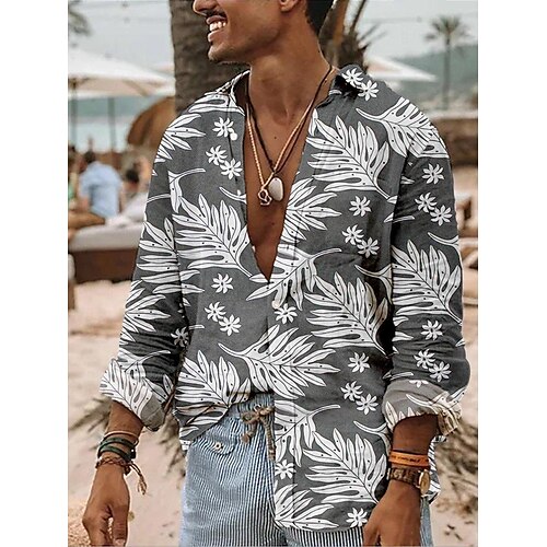 

Homme Chemise Chemise hawaïenne Imprimés Photos Feuilles Col rabattu Gris Extérieur Plein Air manche longue Bouton bas Imprimer Vêtement Tenue Mode Vêtement de rue Design Décontractées