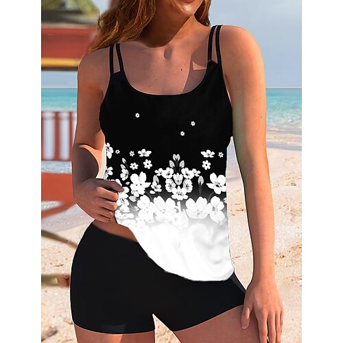 

Damen Badeanzug Tankini 2 Stück Normal Bademode 2 Teile Print Blumen Weiß Gelb Blau Grün Tank Top Badeanzüge Sport Strandbekleidung Sommer