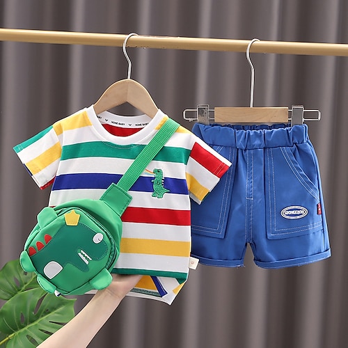 

2 deler Baby Gutt T-skjorter og shorts Antrekk Stripe Kortermet Sett Skole Bedårende Daglig Sommer Vår 3-7 år Blå Grønn