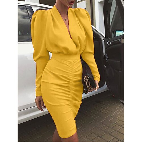 

Per donna Abito da lavoro Vestito tubino Abito semi formale Di tendenza Vestito longuette Increspato A V Manica lunga Liscio Standard Nero Giallo Estate Primavera S M L XL