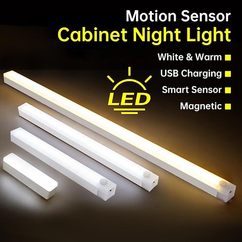 

LED Night Light PIR Motion Sensor USB Rechargeable 10/20/30/50cm Closet Kitchen Cabinet Corridor Stair Lights Wireless Night Lamp
