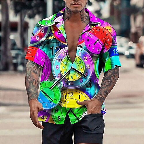 

Homens Camisa Social Estampas Abstratas Relógio colar cubano Azul Cinzento Ao ar livre Casual Manga Curta Imprimir Roupa Esportes Moda Roupa de rua Designer