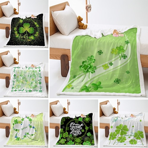 

Four Leaf Grass Lucky Saint Patrick's Day Green Hat Printed Blanket Lamb Fleece Double Layer Thermal Blanket Suitable for Living Room Bedroom 3D Digital Printing Thickened Lamb Fleece Crystal Blanket