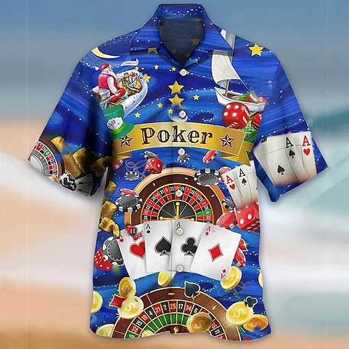 

Hombre Camisa camisa hawaiana Estampados Póker Collar Cubano Azul Piscina Casual Festivos Manga Corta Abotonar Estampado Ropa Deportes Moda Ropa de calle Design