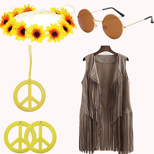 

Hippie Retro Vintage Anos 60 Anos 70 Conjunto de acessórios Colete de camurça Mulheres Franjas Ocasiões Especiais Vintage Cosplay Colete