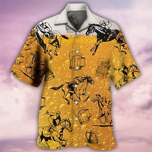 

Men's Shirt Summer Hawaiian Shirt Graphic Prints Beer Cuban Collar Yellow Blue Outdoor Casual Short Sleeve Print Clothing Apparel Sports Fashion Streetwear Designer