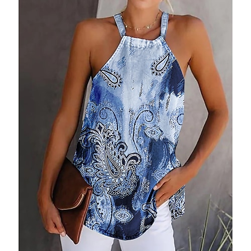 

Damen Tank Top Halfter Blau Purpur Braun Paisley-Muster Bedruckt Ärmellos Casual Wochenende Basic Neckholder Standard S