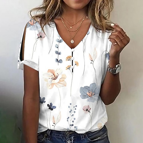 

Women's T shirt Tee Henley Shirt Floral Holiday Weekend Button Cut Out Print White Short Sleeve Basic Round Neck