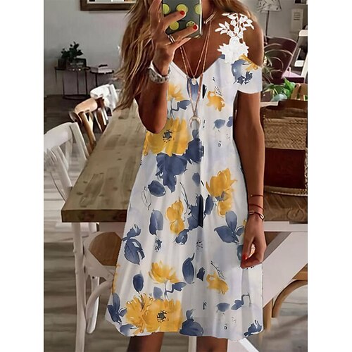 

kvinders afslappet sweater kjole sommer sweater kjole slip sweater kjole blomstret blonde print strop mini sweater kjole mode streetwear udendørs daglig kortærmet normal pasform gul sommer forår s m