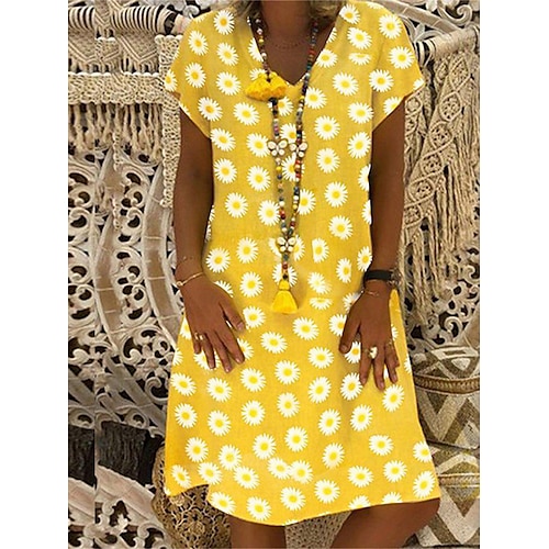 

Dame Uformell kjole Sommerkjole Print kjole Blomstret Tusenfryd Trykt mønster V-hals Midikjole Grunnleggende Klassisk utendørs Daglig Kortermet Løstsittende Gul Rød Oransje Sommer Vår S M L XL XXL