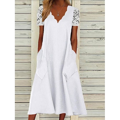 

Per donna Vestito casual Abito estivo Abito largo Liscio Pizzo Tasche Collo smerlato Vestito longuette Di tendenza Moderno Giornaliero Per eventi Manica corta Morbido Bianco Estate Primavera S M L XL