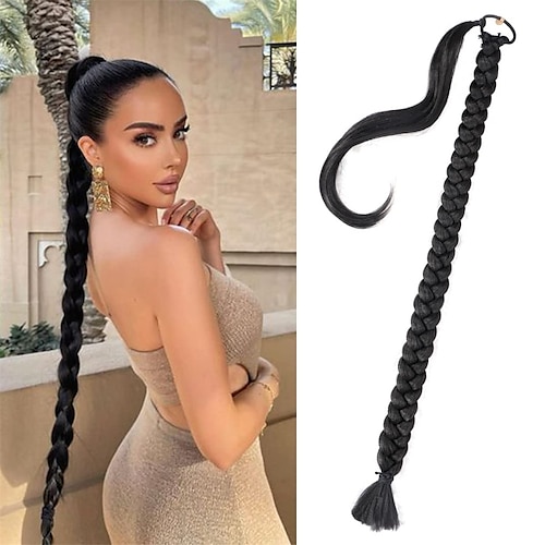 

Extensión de cola de caballo trenzada larga y elegante para mujer 32 pulgadas yaki envoltura recta alrededor de extensiones de cabello negro cola de caballo trenzada con lazo para el cabello pieza de