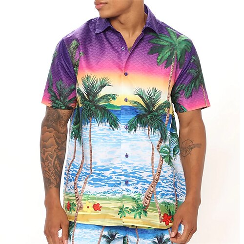 

Men's Shirt Summer Hawaiian Shirt Coconut Tree Graphic Prints Turndown Purple Street Casual Short Sleeves Button-Down Print Clothing Apparel Tropical Fashion Streetwear Hawaiian