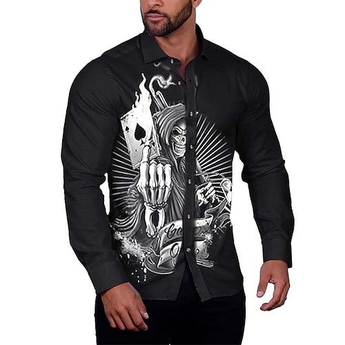 

Homens Camisa Social Caveiras Estampas Abstratas Pôquer Aberto para a Lateral Preto Ao ar livre Rua Manga Longa Botão para baixo Imprimir Roupa Moda Roupa de rua Designer Casual