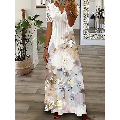 Women's Long Dress Maxi Dress Casual Dress Summer Dress Print Dress Floral Butterfly Fashion Streetwear Outdoor Daily Date Lace Print Short Sleeve V Neck Dress Loose Fit White Blue Green Summer Spring, lightinthebox  - buy with discount