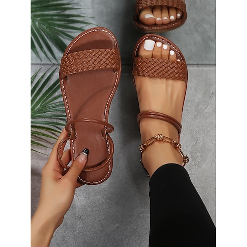 

Women's Sandals Slippers Flat Sandals Plus Size Braided Sandals Outdoor Daily Summer Flat Heel Classic Casual Minimalism Faux Leather Solid Color Braided Dark Brown