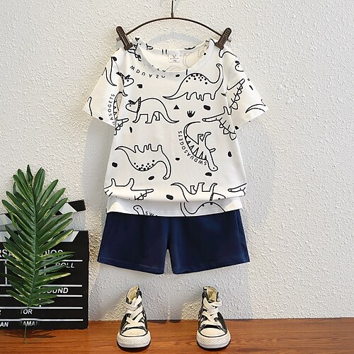 

2 Dele Børn Drenge T-shirt & Shorts Outfit Tegneserie Dinosaurus Kortærmet Crewneck Sæt Afslappet Mode Sej Sommer Forår 3-7 år Hvid