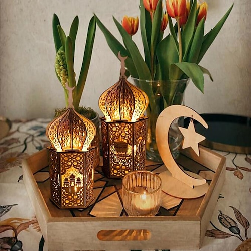 

ramadan dekorative treplater gylden led lanterne lampe eid mubarak muslim islam dekorasjon palass nattlys ramadan kareem ornament