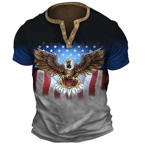 

Herre Henley-skjorte Grafisk Ørn Nationalflag Henley Tøj 3D-udskrivning udendørs Daglig Kortærmet Knap ned Trykt mønster Mode Designer Bekvem