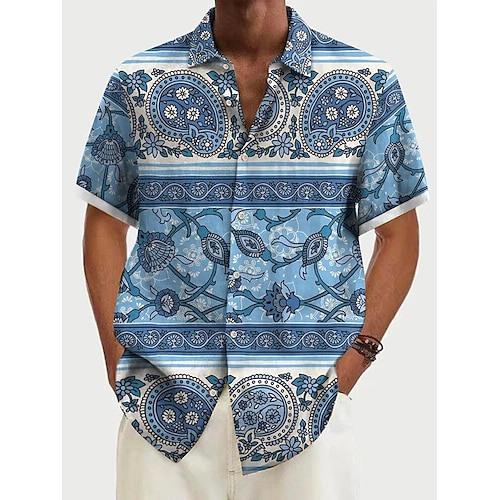 

Hombre Camisa camisa hawaiana Cachemir Estampados Cosecha Cuello Vuelto Azul Piscina Calle Casual Mangas cortas Abotonar Estampado Ropa Lino Tropical Moda Ropa de calle Hawaiano