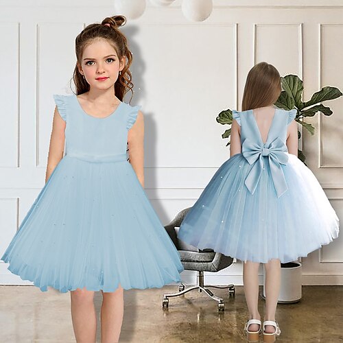 

Vestido de niña de flores, vestido de fiesta para niñas, vestido de fiesta de flores de color sólido, vestido midi, vestido de princesa sin mangas con cuello en V fruncido, 2-9 años, verano, blanco, rosa, azul