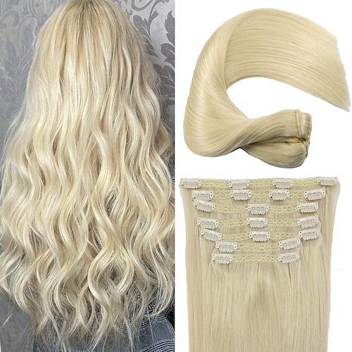 

ægte menneskehår blonde klip i hair extensions 14 tommer farve blegemiddel blond #613 100g remy hair extensions silkeblød lige dobbelt vævede tykke ender blonde backed clip on human hair extensions