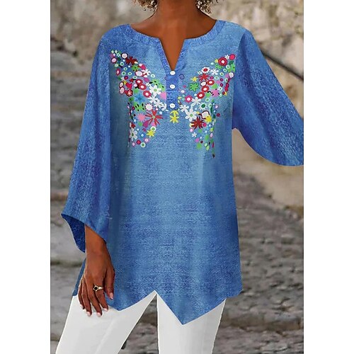 

Chemise Chemisier Femme Bleu Floral Asymétrique Imprimer manche longue Casual Vacances basique Col V Longue Standard Fleur S