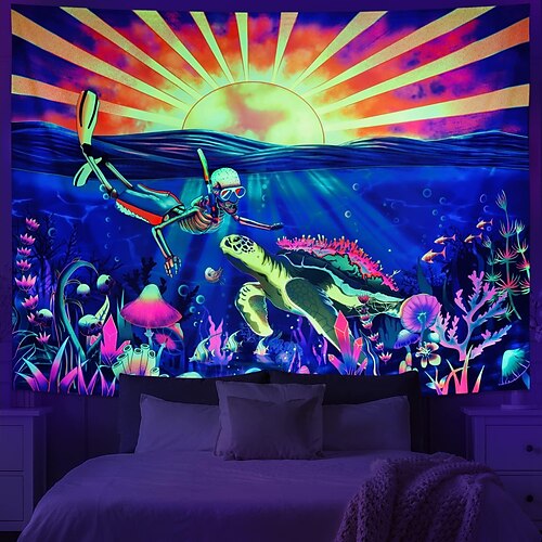 

tortuga trippy blacklight tapiz uv cráneo reactivo sol brumoso océano colgante de pared para sala de estar