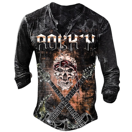 

Herre Henly-skjorte T-skjorter Grafisk Hodeskaller Musikkinstrument Henley Klær 3D-utskrift utendørs Avslappet Langermet Knapp ned Trykt mønster Mote Designer Bekvem