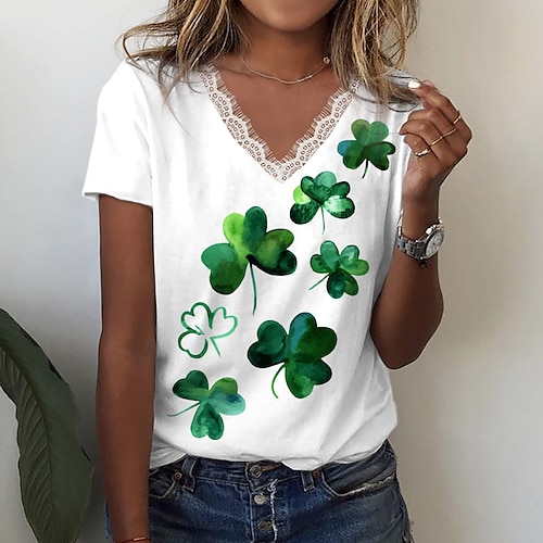 

Mulheres Camiseta Branco Folha Guarnição do laço Imprimir Manga Curta Feriado Final de semana Dia de São Patrício Decote V Padrão Pintura Feliz dia de St.Patrick S