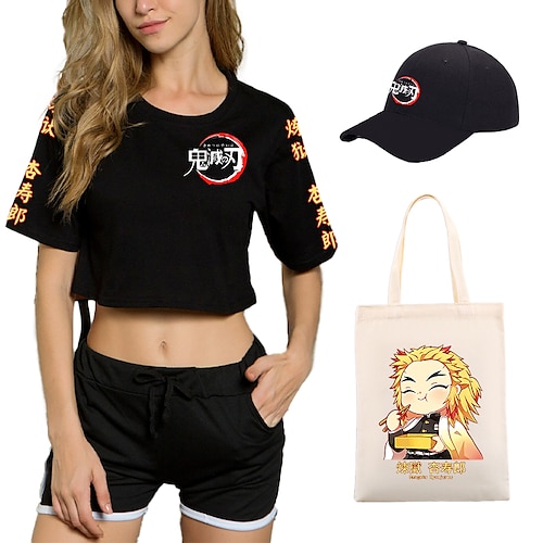 

4 pièces démon tueur imprimé shorts haut court casquettes de baseball toile sacs fourre-tout ensemble rengoku kyoujurou tee t-shirt short ensembles co-ord pour femmes adultes tenuesamp;