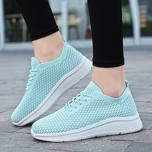 

Dame Treningssko Komfort Sko Flyknit sko utendørs Daglig Snøring Flat hæl Rund Tå Sportslig Fritid Løp Gange Flying Weaving Snøring Svart Hvit Beige