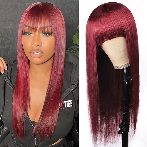 

99j capelli lisci parrucche fatte a macchina con frangia colore bordeaux