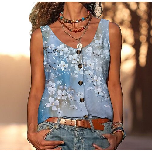 

Women's Tank Top Blue Purple Green Floral Button Print Sleeveless Holiday Weekend Basic U Neck Regular Floral S