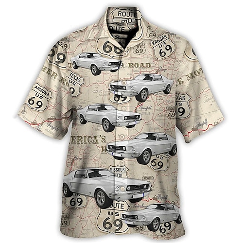 

Herren Hemd Hawaiihemd Sommerhemd Buchstabe Auto Grafik-Drucke Umlegekragen Khaki Strasse Casual Kurze Ärmel Button-Down Bedruckt Bekleidung Tropisch Modisch Strassenmode Hawaiianisch