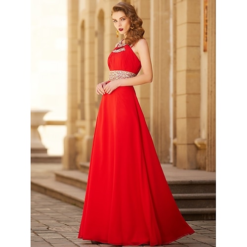 

Linea-A Vestiti da sera Brillante e glitterato Vestito Abiti da festa Lungo Senza maniche All'americana Chiffon con Con diamantini Fessura 2023