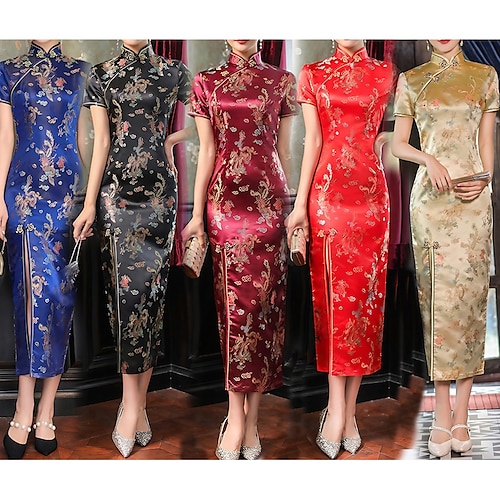 

kvinders afslappede kjole skede kjole cheongsam kjole midikjole sort guld vin kortærmet dyr broderet forår sommer stand krave chinoiserie daglig date ferie 2022 s m l xl xxl 3xl 4xl