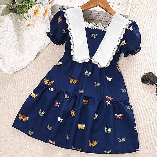 

Bambino Da ragazza Vestito Animali Farfalla Abito linea A Al ginocchio Vestito Prestazioni Colletto quadrato Manica corta Adorabile Vestito 3-6 anni Estate Blu