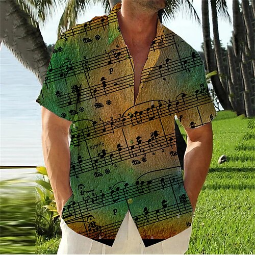 

Homens Camisa Social Camisa havaiana Listrado Estampas Abstratas Música Notas Aberto para a Lateral Branco Verde Cáqui Rua Casual Manga Curta Botão para baixo Imprimir Roupa Moda Roupa de rua