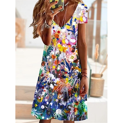 

Dame Uformell kjole Sommerkjole Print kjole Blomstret Maleri Trykt mønster V-hals Mini kjole Aktiv Mote utendørs Daglig Kortermet Normal Regnbue Sommer Vår S M L XL XXL