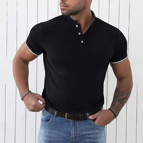 

Per uomo POLO Camicia da golf Golf Strada Informale Colletto alla coreana Bavero Manica corta Di tendenza Essenziale Liscio Pulsante Estate Standard Nero Blu marino scuro POLO