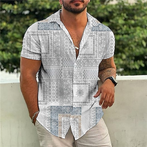 

Hombre Camisa Floral Tribal Estampados Cosecha Cuello Vuelto Morado Gris Calle Casual Mangas cortas Abotonar Estampado Ropa Tropical Moda Boho Ropa de calle