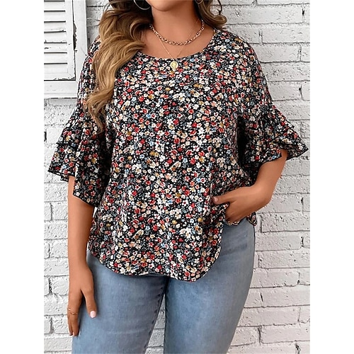 

Mulheres Camisa Social Blusa Arco-íris Floral Frufru Imprimir Manga Curta Casual Básico Decote Redondo Padrão Tema Flores L