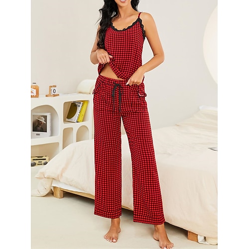 

Dame Pyjamas Pyjamas topp og bukse Sett Gitter / Teppe Enkel Fritid Komfort Hjem Daglig Seng Polyester Pustende stropper Ermeløs Stropp Topp Bukse Åpen rygg Elastisk midje Sommer Vår Rød